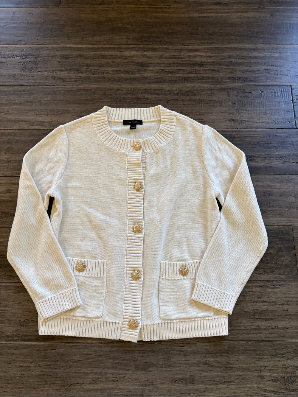 Ann Taylor Cream Crewneck Cardigan with Gold Buttons